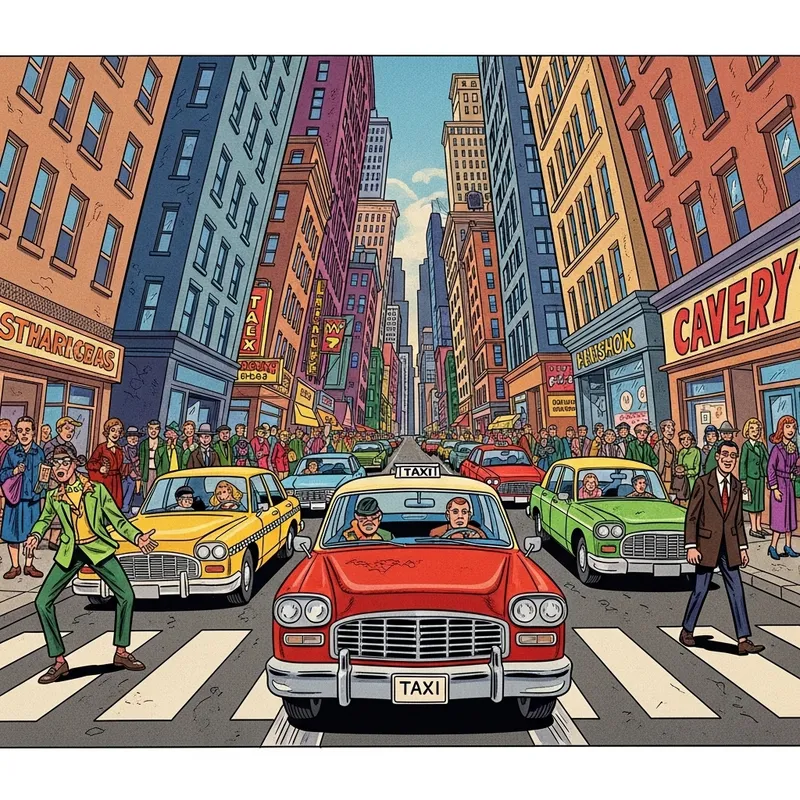 Vintage Taxi Cab in Vibrant Comic Book Style Urban Scene Captured in Wide-Angle Lens