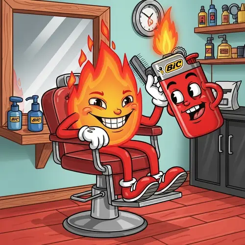 Whimsical Flame Character in Vintage Barbershop Chair