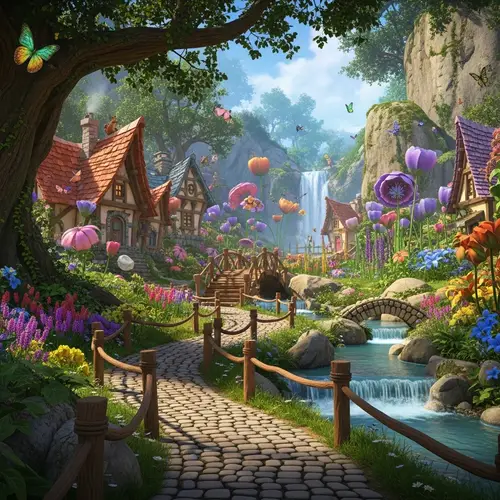 Enchanted Forest Cobblestone Pathway with Quaint Cottages