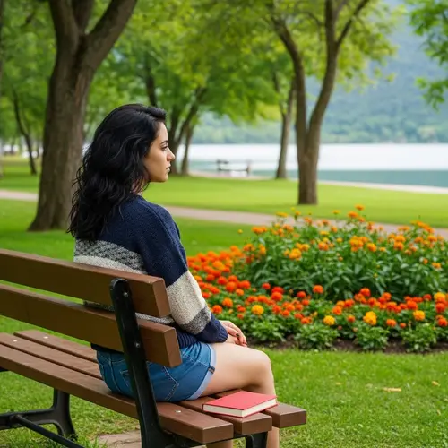 Tranquil Scene: Girl Sitting on Bench in Lush Green Park