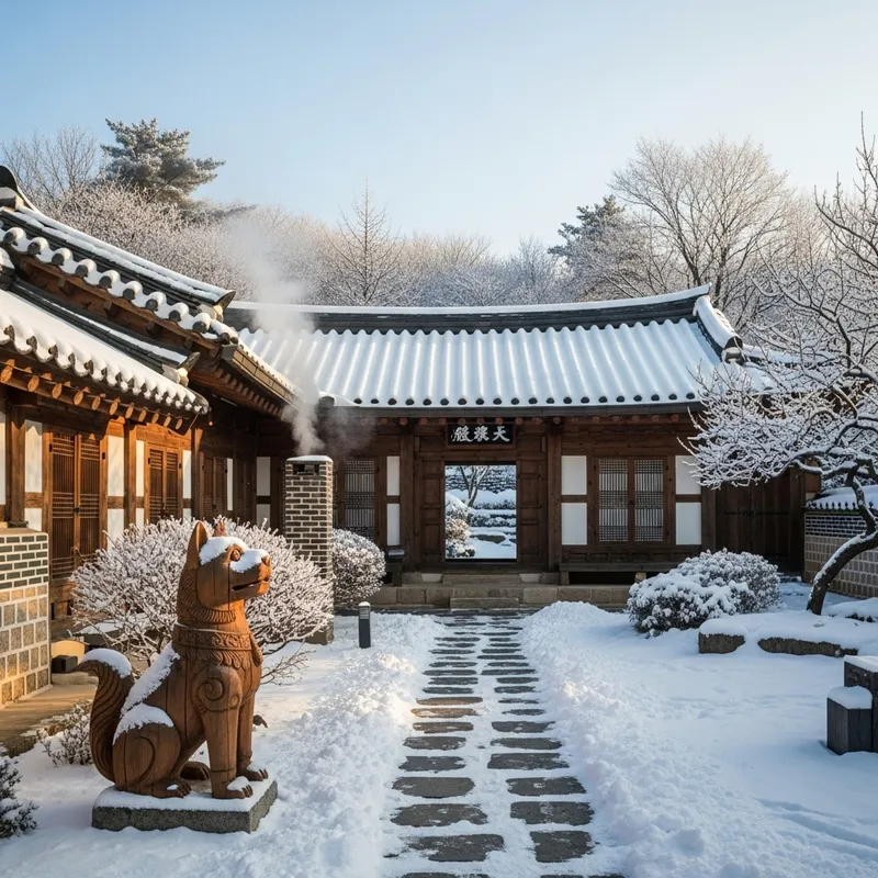 Winter Hanok House with Snow-Covered Trees and a Puppy
