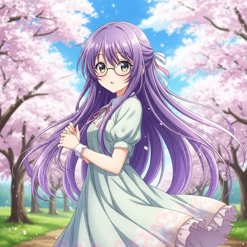 Serenity in Purple: Anime Girl with Sparkling Eyes | Cherry Blossom Scene