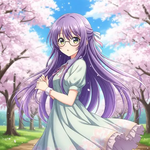 Serene Anime Girl with Long Purple Hair | Cherry Blossom Scene