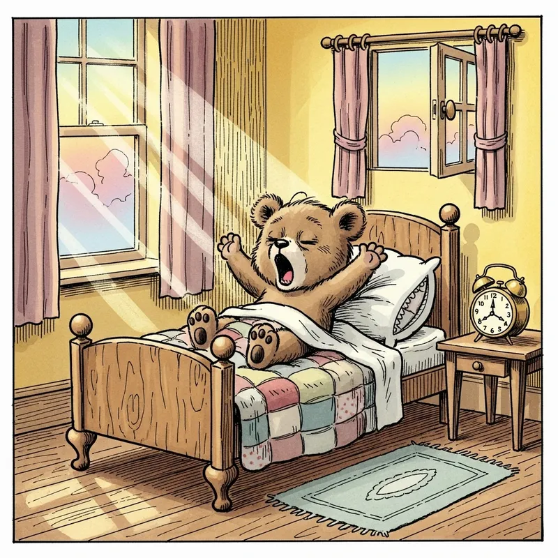 Whimsical Baby Bear Waking Up in Tiny Bed