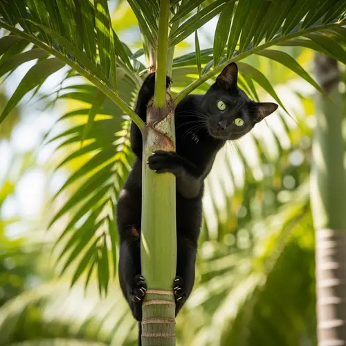 Cat Climbing Areca Palm Tree: Cute Feline Having Fun