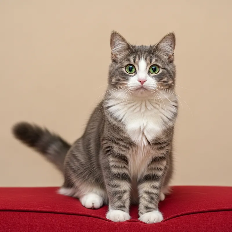 Cute Gray and White Fluffy Domestic Cat on Red Cushion
