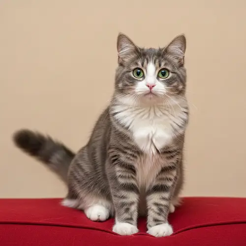 Gray and White Fluffy Domestic Cat on Red Cushion