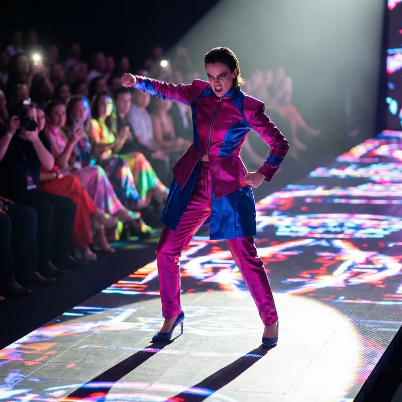 Striking Fashion Model on Vibrant Runway Striking Fashion Model on Vibrant Runway