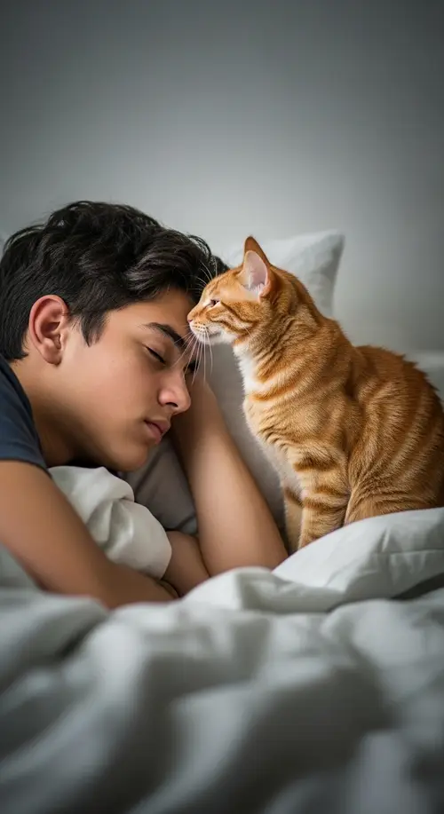 Beautiful 15-Year-Old Boy Sleeping with Ginger Cat in Aesthetic Style
