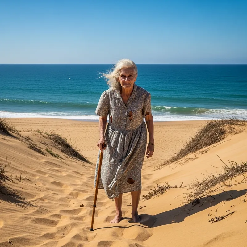 Eerie Elderly Hispanic Woman by Azure Sea