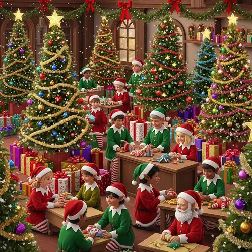 Christmas Scene with Diverse Elves Crafting Toys Under Snowfall
