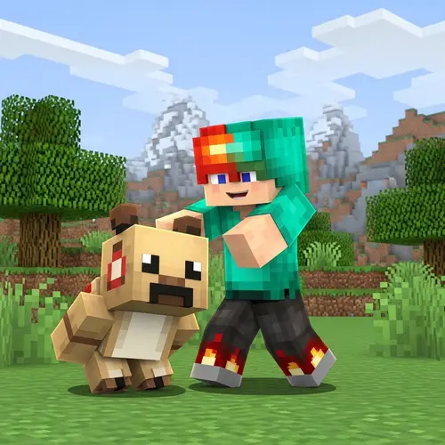 Minecraft-Style Character Friendly Tussle with Block-Like Creature