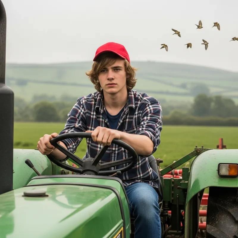 Teenage Boy Riding Tractor in Welsh Countryside