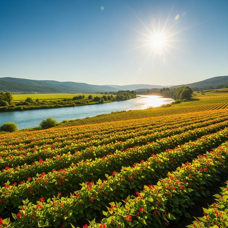 Sunlit Red Beans Field in Lush Green Valley