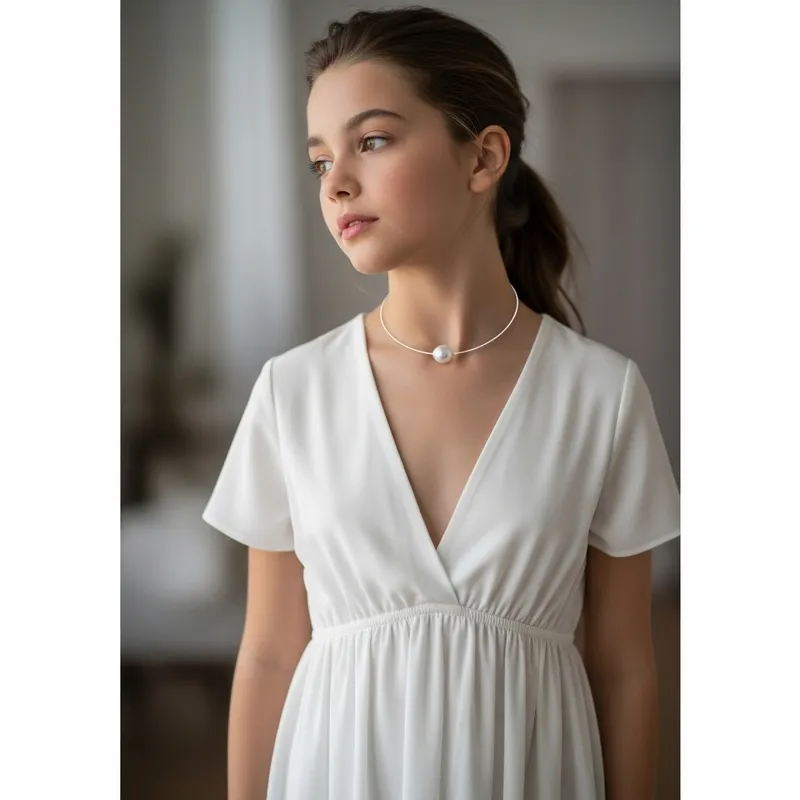 Elegant Girl in White Mini Dress with Pearl Necklace