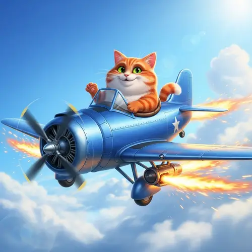 Vivid Red Cat in Blue Airplane with Exciting Sparks