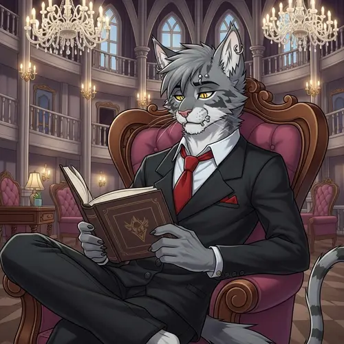 Anthropomorphic Feline Character Reading Book in Victorian Hotel Setting