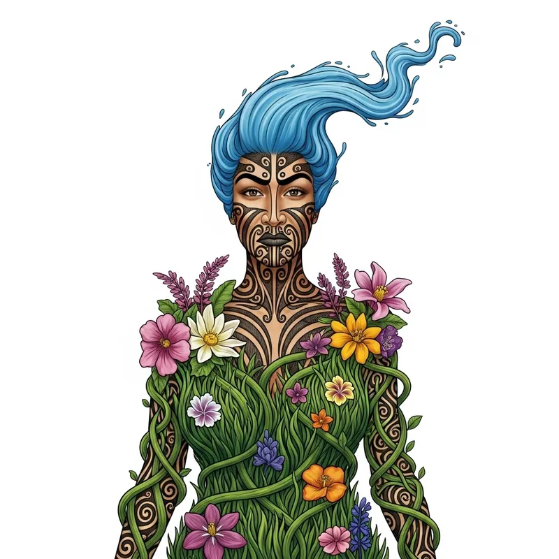 Papatuanuku: Maori Earth Goddess with Moko Kauae, River Hair, & Flora Dress