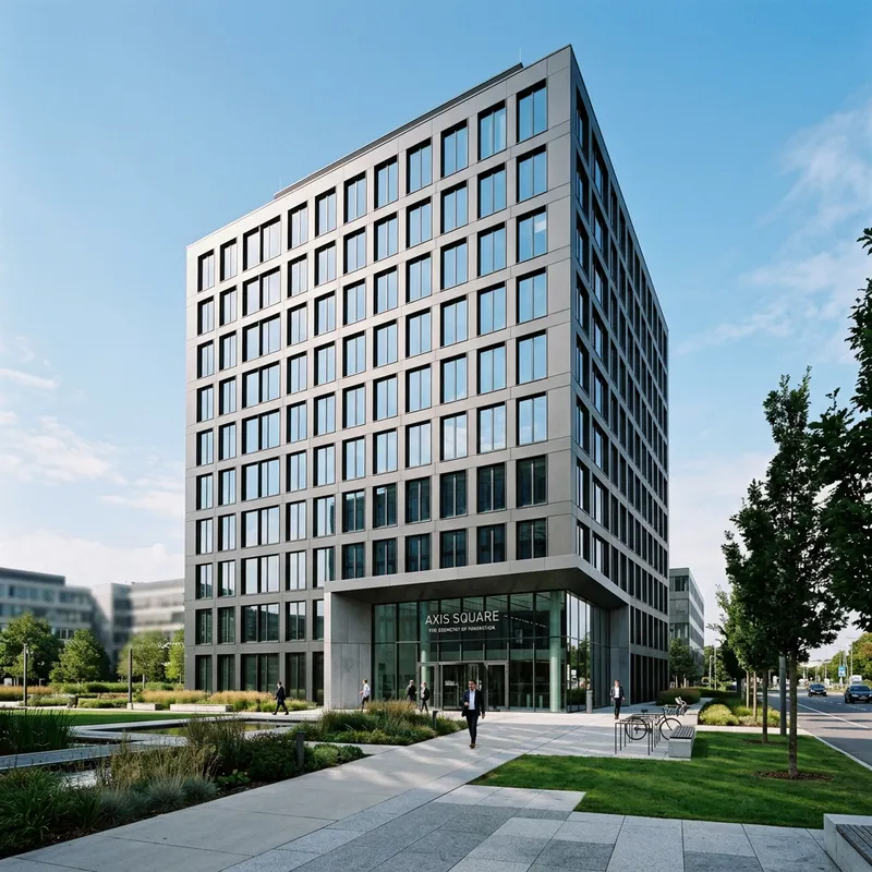 Minimalist Modern Office Building in Serene Setting Minimalist Modern Office Building in Serene Setting