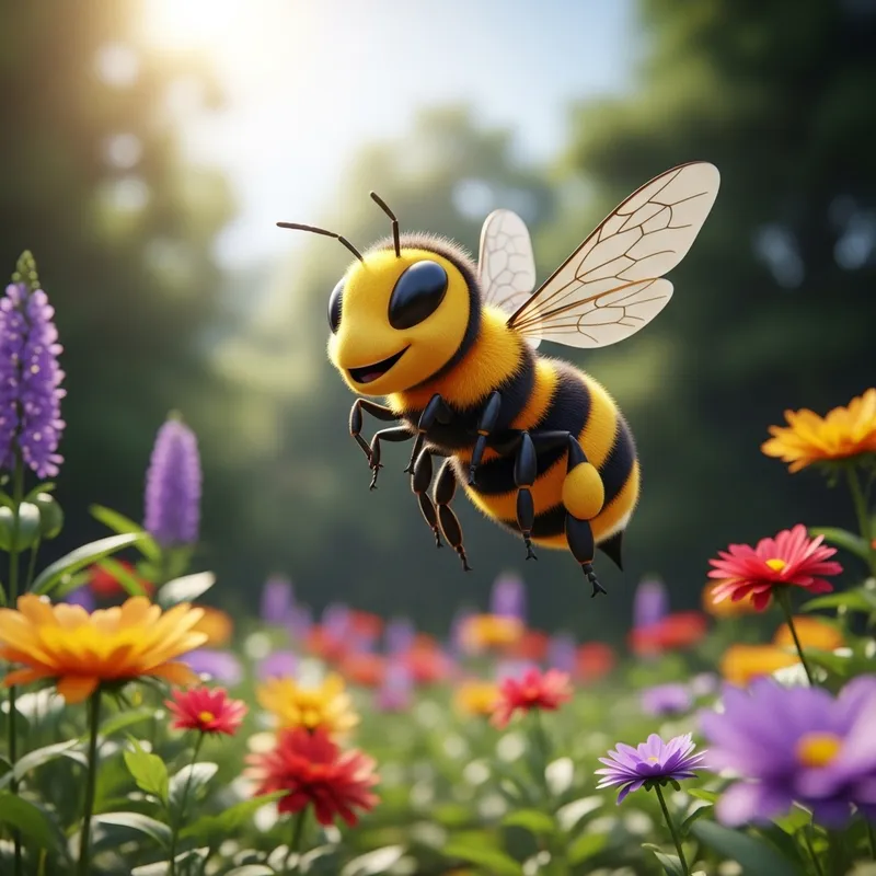 Cheerful Bee Mascot & Vibrant Environment