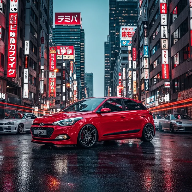 Red Hyundai Elite 120 in JDM Urban Setting