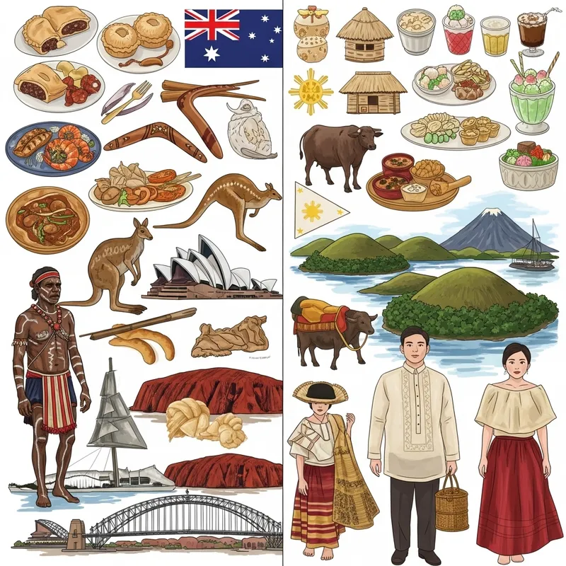 Australian and Filipino Cultures Collage: Foods, Landmarks & Attire