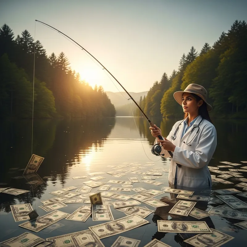 South Asian Female Doctor Fishing in Lake of Dollar Bills at Sunset