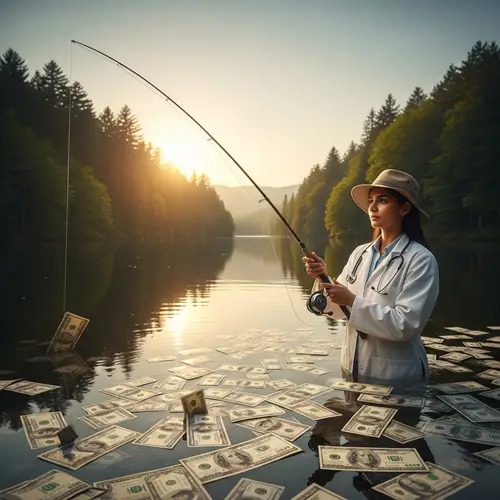 Female Doctor Fishing in Scenic Lake of Money