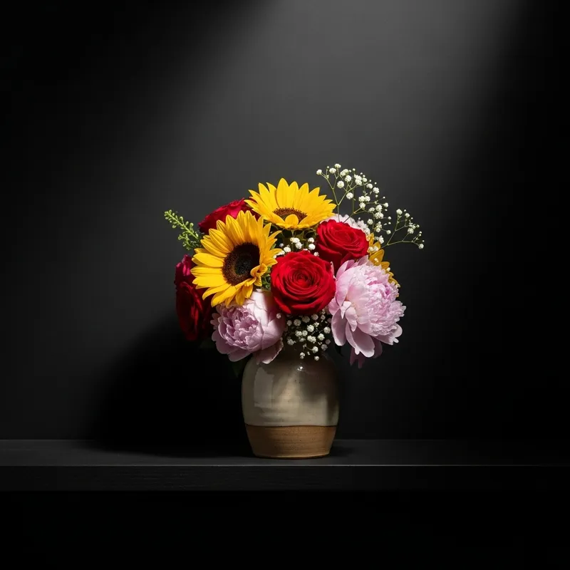 Bright Flowers in a Small Vase Against Dark Background