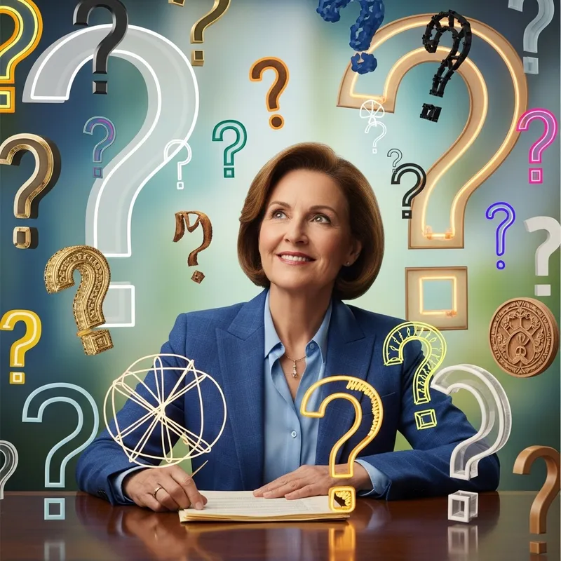 Thoughtful Politician Surrounded by Question Marks - Leadership Reflection Thoughtful Politician Surrounded by Question Marks - Leadership Reflection
