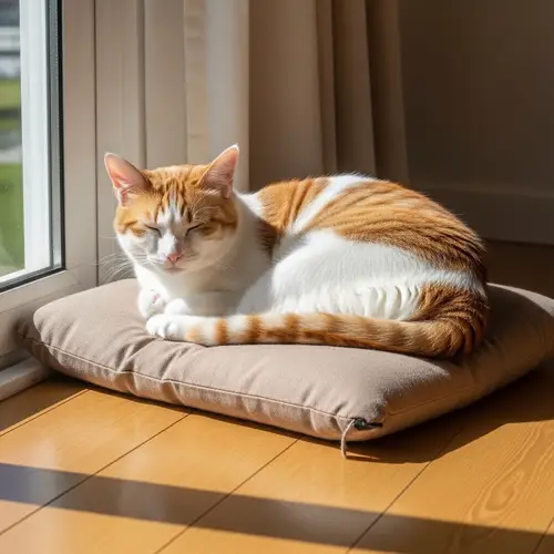 Tranquil White and Orange Domestic Cat Resting on Cushion
