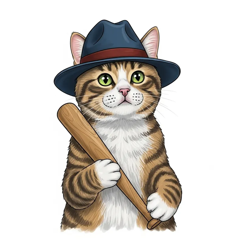 Cute Cat Wearing Stylish Hat and Holding a Bat