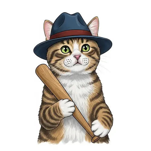 Whimsical Feline with Fashionable Hat and Wooden Bat