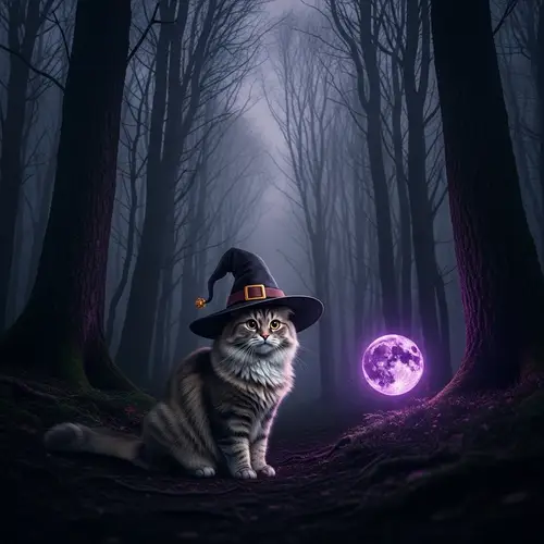 Witch's Hat Cat in Enchanted Forest | Magical Glow Scene