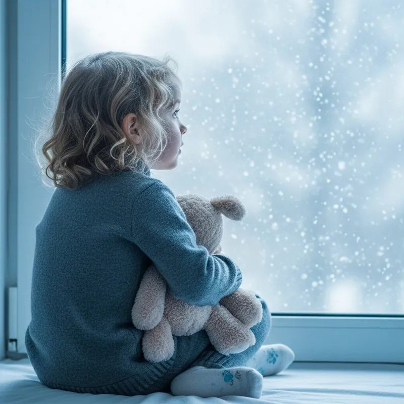 Cute Girl Admiring Snow with Plush Toy by Window