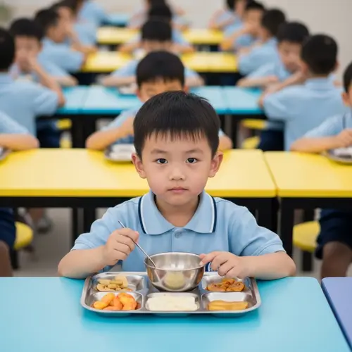 Alone Chinese Kid in Colorful Cafeteria | Thoughtful Moment