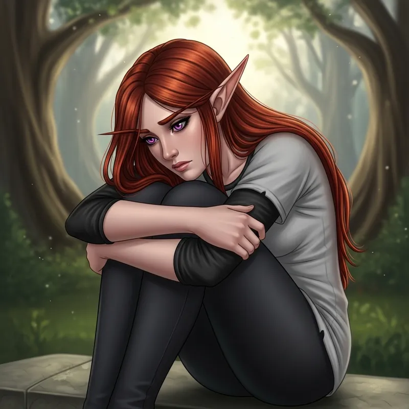 Sad Elf Girl with Red Hair and Purple Eyes Sitting Down Sad Elf Girl with Red Hair and Purple Eyes Sitting Down