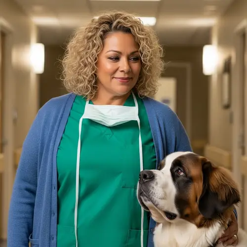 Caring Nurse with Saint Bernard Companion