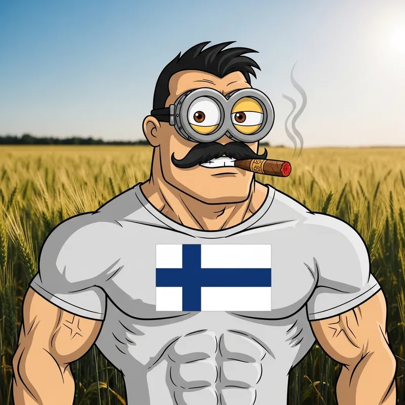 Pumped-Up Minion with Cigar and Mustache in Finnish Flag Tee in Wheat Field