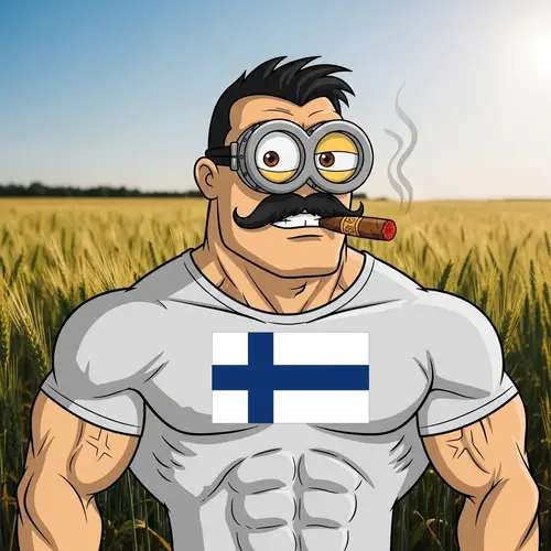 A pumped-up minion from cartoon with a cigar and a mustache in a T-shirt with the flag of Finland