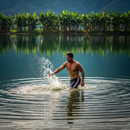 Filipino Man Treading Tranquil Lake with Vibrant Nature Scene