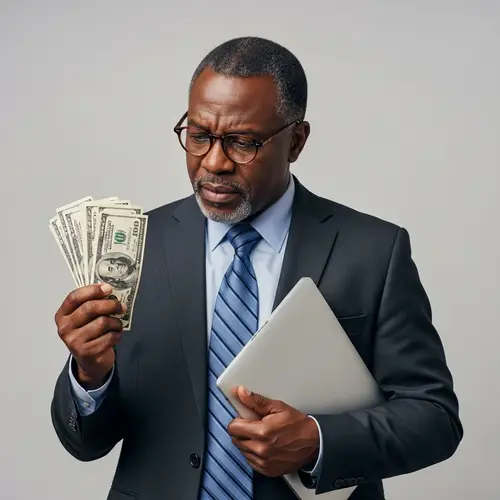 Middle-aged Black Businessman with Money and Laptop | Website Name
