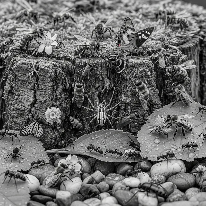 Colorful Insect Gathering in Nature: Bees, Spiders, Ants, Butterflies