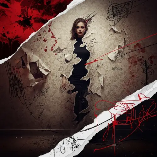 Detailed Illustration of Woman Blending into Dark, Dystopian Wall