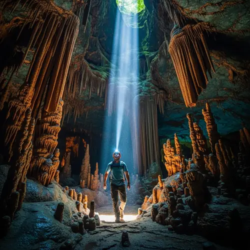 Asian Man Exploring Luminous Cave with Stalactites | Website Name