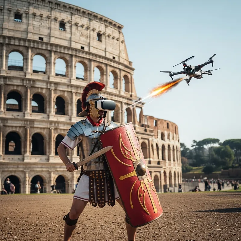 Roman VR Warrior at Colosseum with Shield, Sword, and FPV Drone Attack