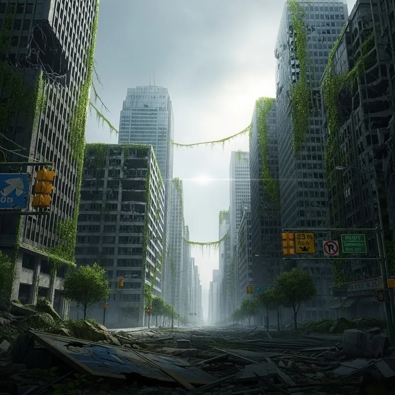 Destroyed Cityscape Reclaimed by Nature | Symbolizes Transformation