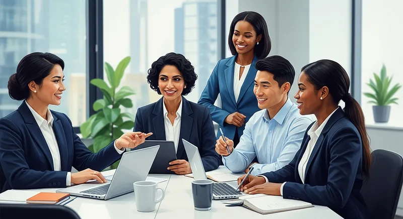 Professional Business Engagement Director Leading AI Strategy in Modern Office Setting Professional Business Engagement Director Leading AI Strategy in Modern Office Setting