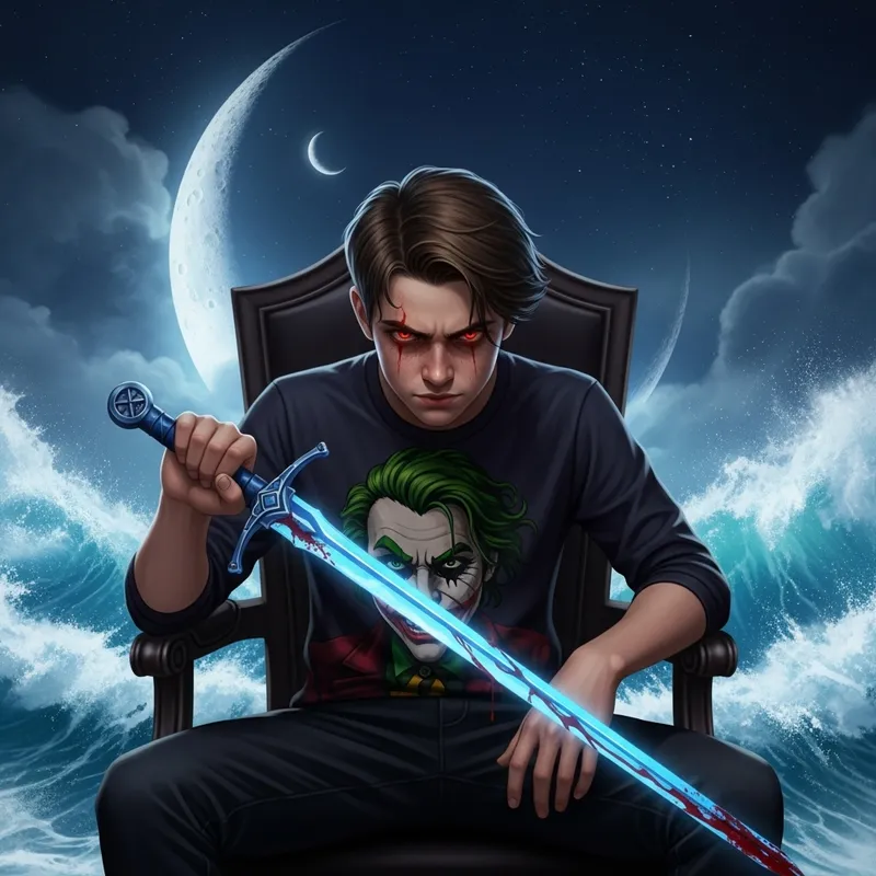 Teenage Boy with Blue Sword and Crescent Moon Scene