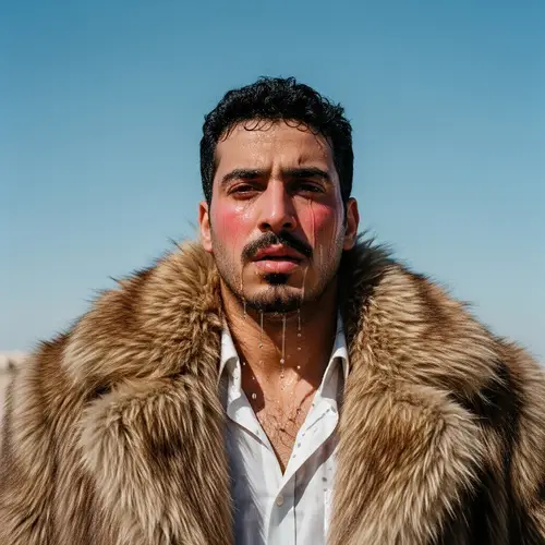 Middle-Eastern Man in Fur Coat Sweating under Sun